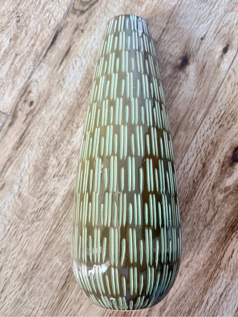 Crate&Barrel Olive Green Ceramic Vase with Textured Stripe Pattern